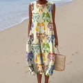 Women's Vintage Cute Cat Art Print Linen Dress elevenforest