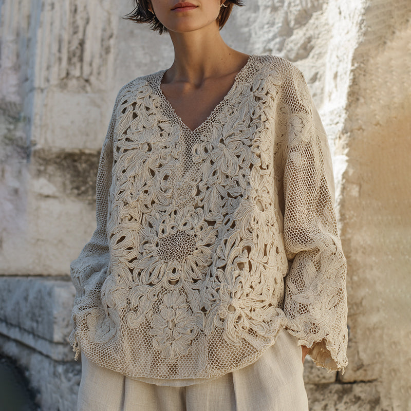Women's Vintage Floral Lace Embroidered Art V Neck Loose Blouses elevenforest