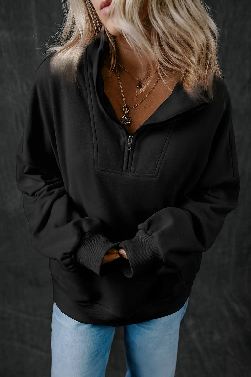 Black Zip Up Stand Neck Sweatshirt
