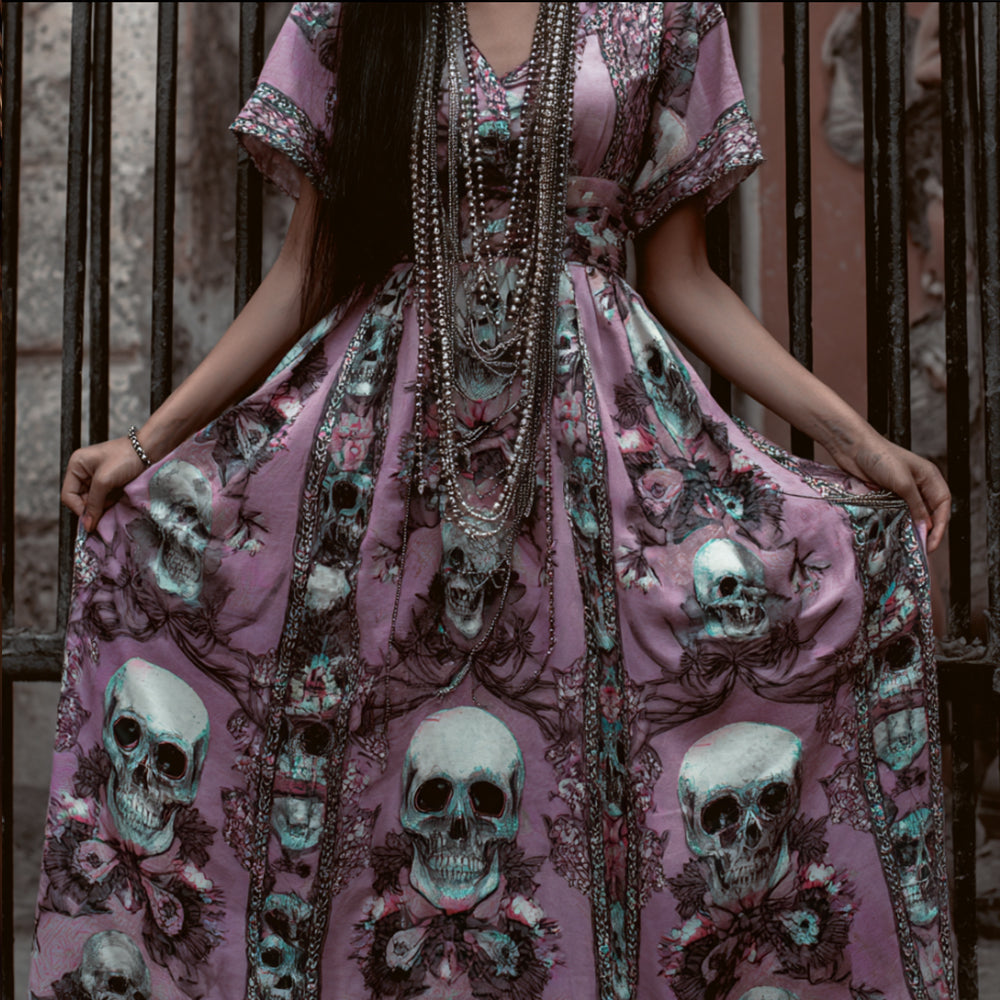 Day Of The Dead Skull Flower Print V-neck Retro Short Sleeve A-line Long Dress elevenforest