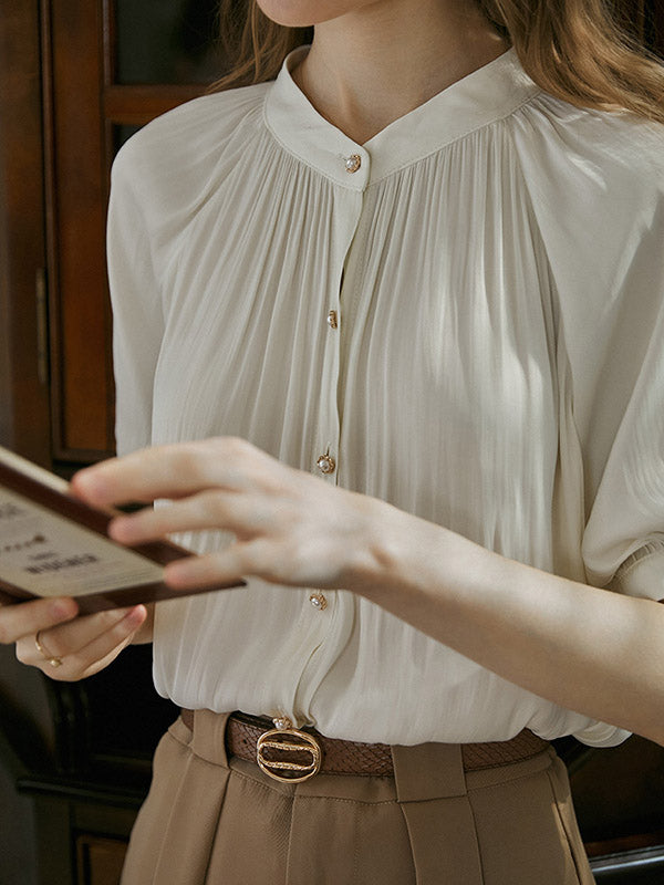 Loose Puff Sleeves Buttoned Pleated Round-neck Blouses&shirts Tops