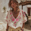 Women's Pink Rose Embroidered V-neck Linen Blend T-shirt elevenforest