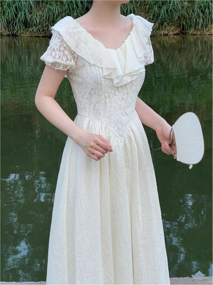 New Summer Off Shoulder Midi Dress Lace Patchwork Ruffles A-line French Prom Robe Vestidos