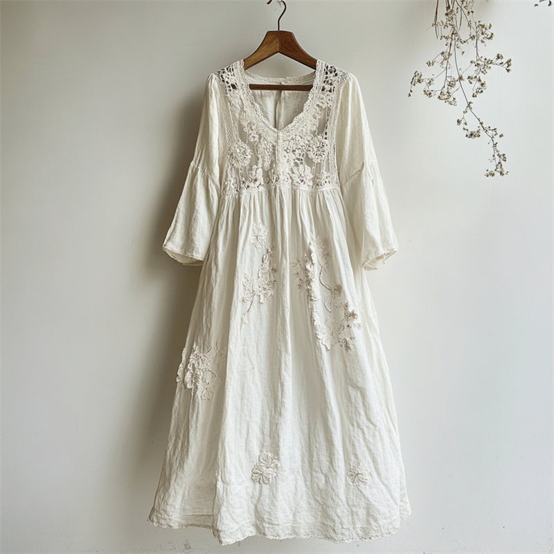 Vintage Floral Hollow Lace Patchwork Linen Maxi Dress elevenforest
