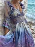 Boho Roses Floral Embroidered Gradient Flowy Linen Maxi Dress elevenforest