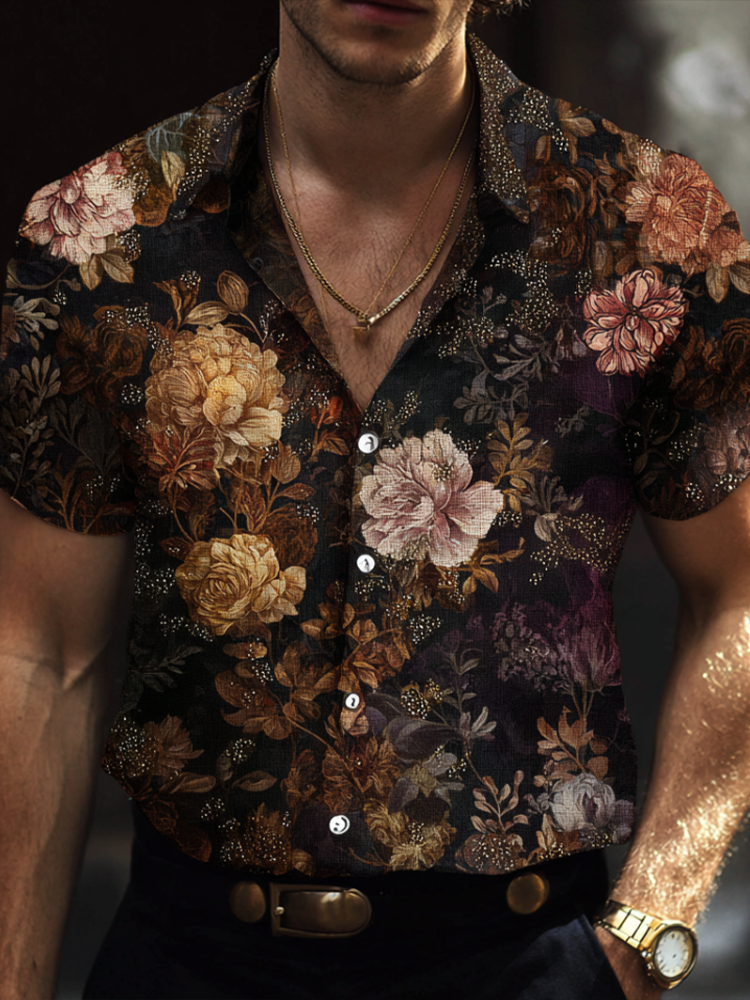 Bohemian Style Plant And Flower Pattern Men's Retro Cotton And Linen Short-sleeve Shirt elevenforest