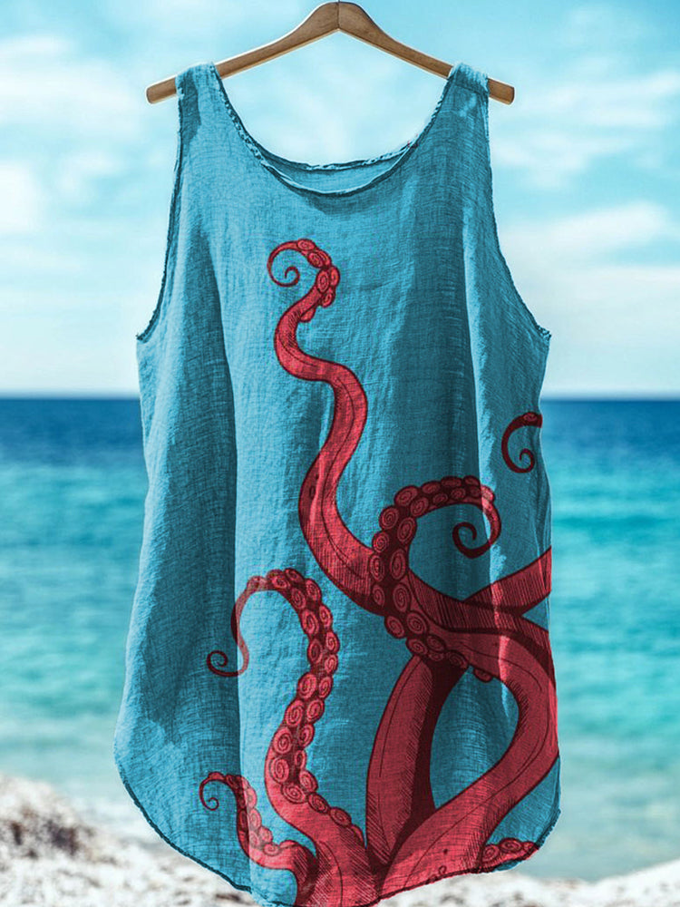 Octopus Art Print Linen Blend Tank Top elevenforest