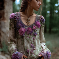 Bohemian Style Round Neck Long Sleeve 3d Purple Flower Design Cotton And Linen Top For Women elevenforest