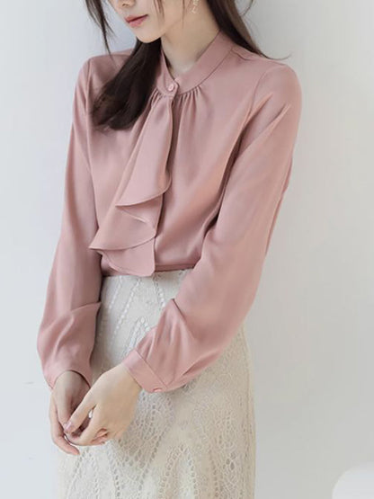 Long Sleeves Loose Buttoned Pleated Ribbon Color Mock Neck Blouses&shirts Tops