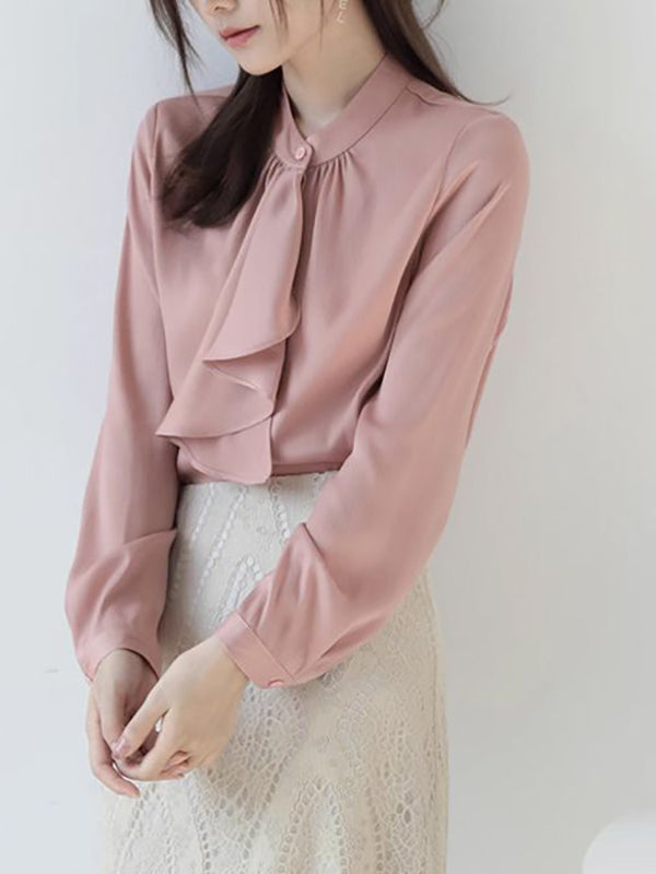 Long Sleeves Loose Buttoned Pleated Ribbon Color Mock Neck Blouses&shirts Tops