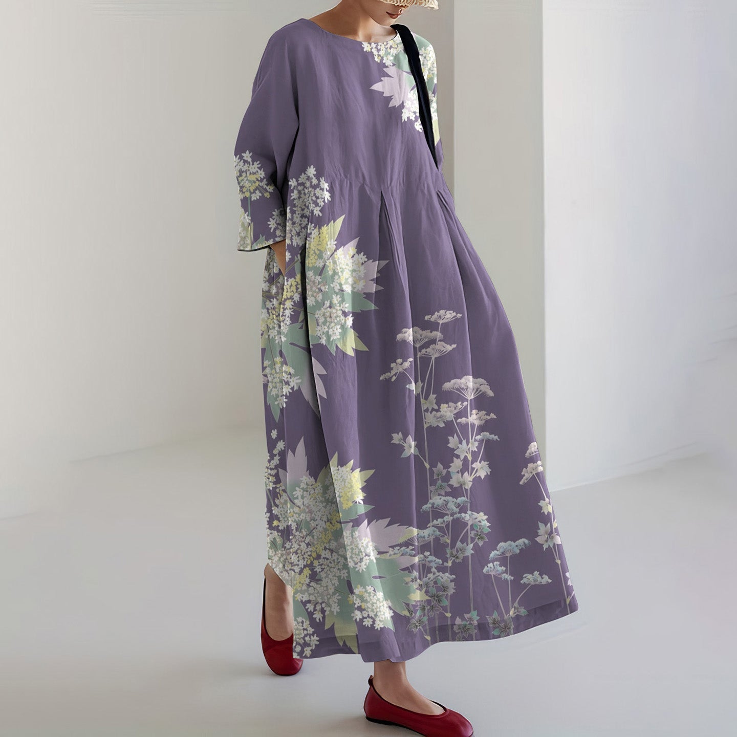 Comstylish Women's Vintage Japanese Flower Art Print Loose Midi Dress