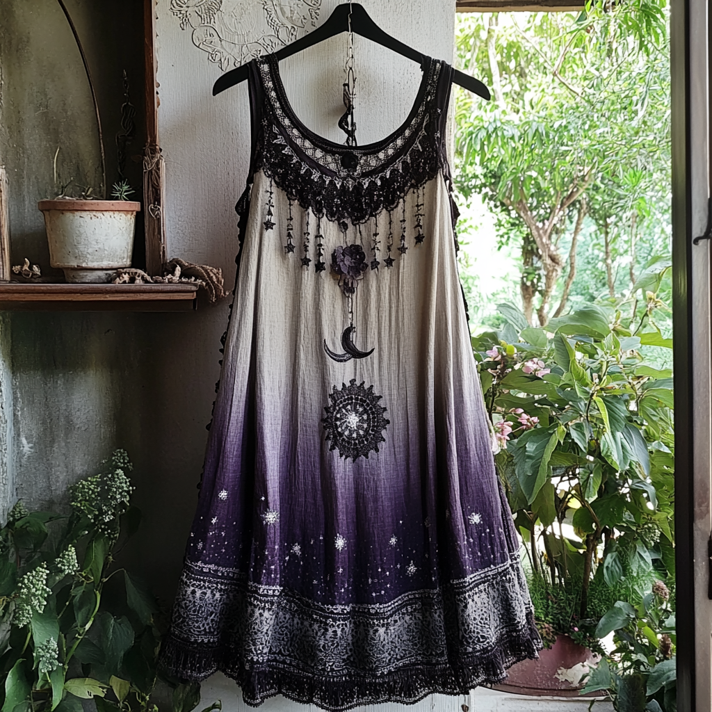 Women's Vintage Tribal Stars And Moon Embroidered Sleeveless Dress elevenforest