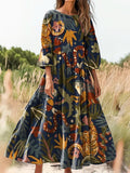 Women's Vintage Animals Tropical Art Print Flowy Cotton Crew Neck Dres