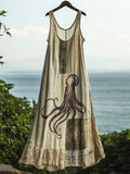 Vintage Octopus Print Lace Patchwork Linen Blend Dress elevenforest