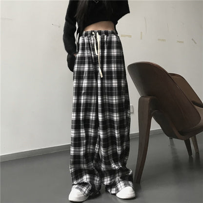 Oversize Sweatpants Black Plaid Pants Baggy Elastic Waist Pockets Student Hip Hop Loose Trousers