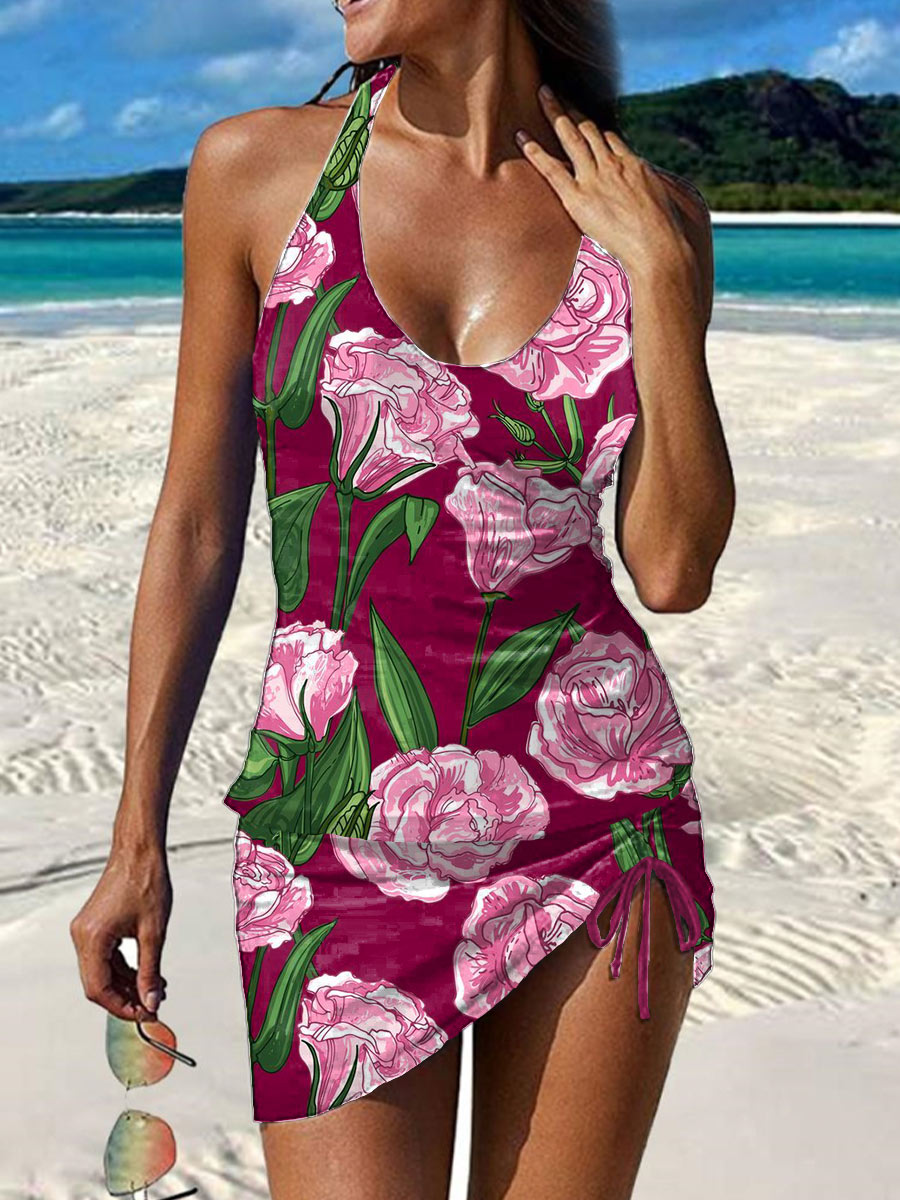 Vintage Rose Floral Print Pleated Drawstring V-neck Tankini Pantskirt Set Swimsuit