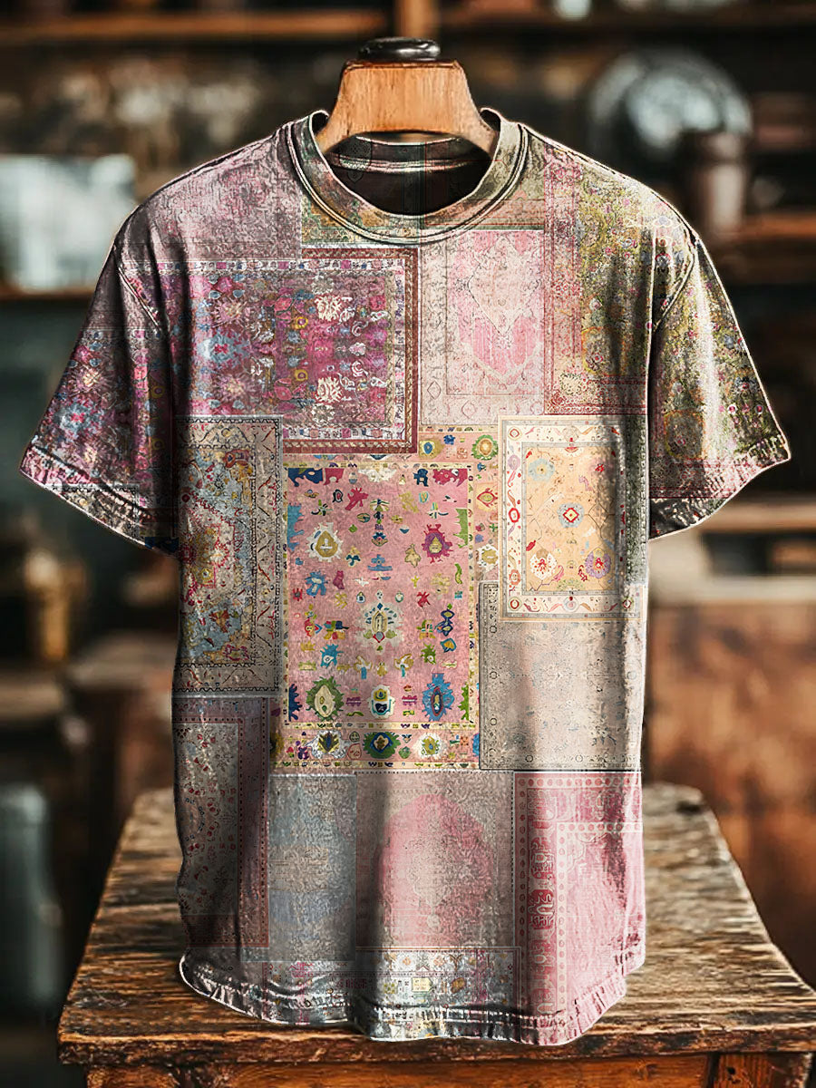Pink Patchwork National Flowers pattern Vintage Art Print Casual T-shi