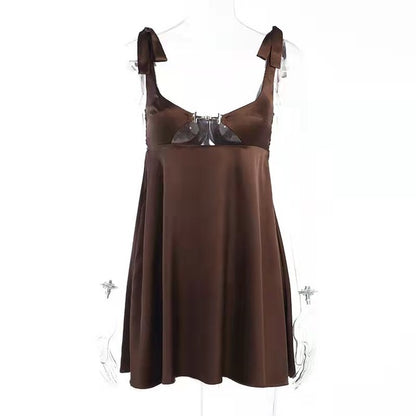 Taruxy Bandage Satin Dress Party Backless Sleeveless Loose Dresses Hollow Out Mini Dress Woman New