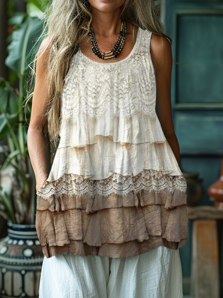 Vintage Floral Lace Layered Flowy Linen Tank Top elevenforest