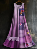 Pansy Flowers Embroidered Lace Patchwork Linen Dress elevenforest