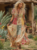 Classy Boho Patchwork Floral Embroidered Linen Maxi Dress elevenforest