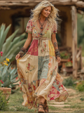 Classy Boho Patchwork Floral Embroidered Linen Maxi Dress elevenforest