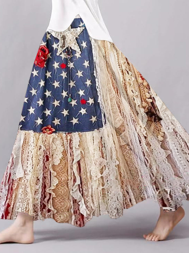 Vintage Lace Patchwork Flag Pentagram Women's Linen Flutter Half Skirt elevenforest