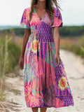 Women's Boho Floral Patchwork Art Pattern Print V-Neck Short Sleeve Po