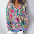 Vintage Floral Print V-Neck Long Sleeves Knitted Sweater elevenforest