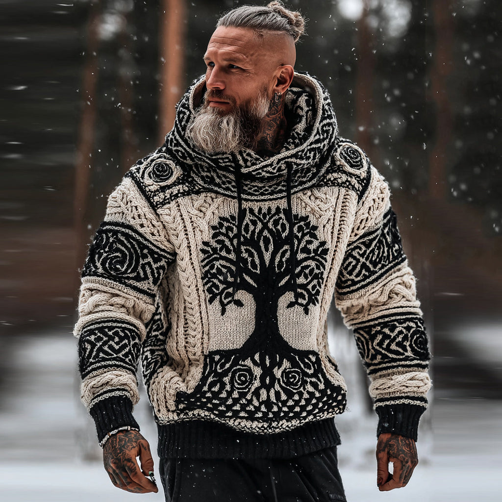 Men's Viking Tribal Jacquard Celtic With Rose And Tree Of Life Inspired Chunky Knit Hooded Sweater elevenforest