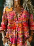 Women's Abstract Ethnic Art Pattern Print Casual Cotton Linen Shirt