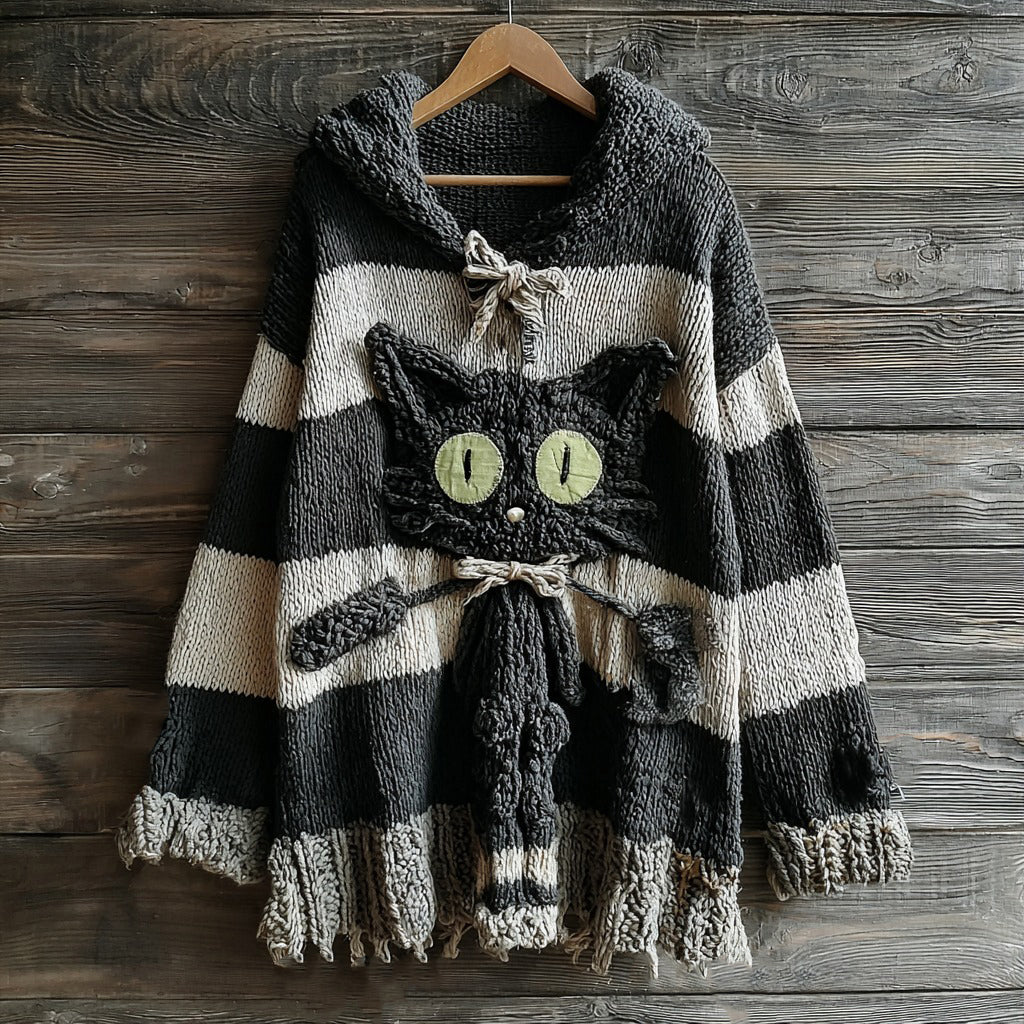 Comstylish Halloween Cute Black Cat Striped Knitted Hooded Sweater