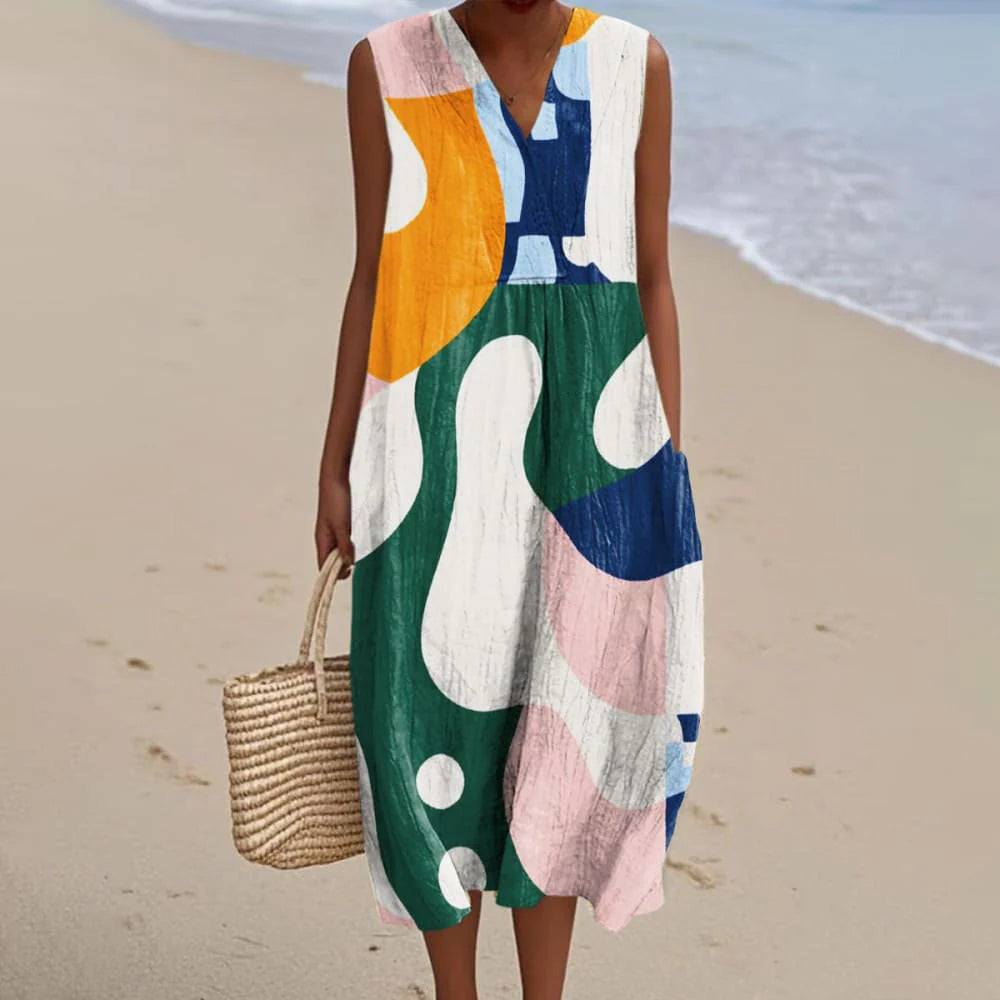 Women's Colorful Abstract Geometric Art Print Sleeveless Dress elevenforest