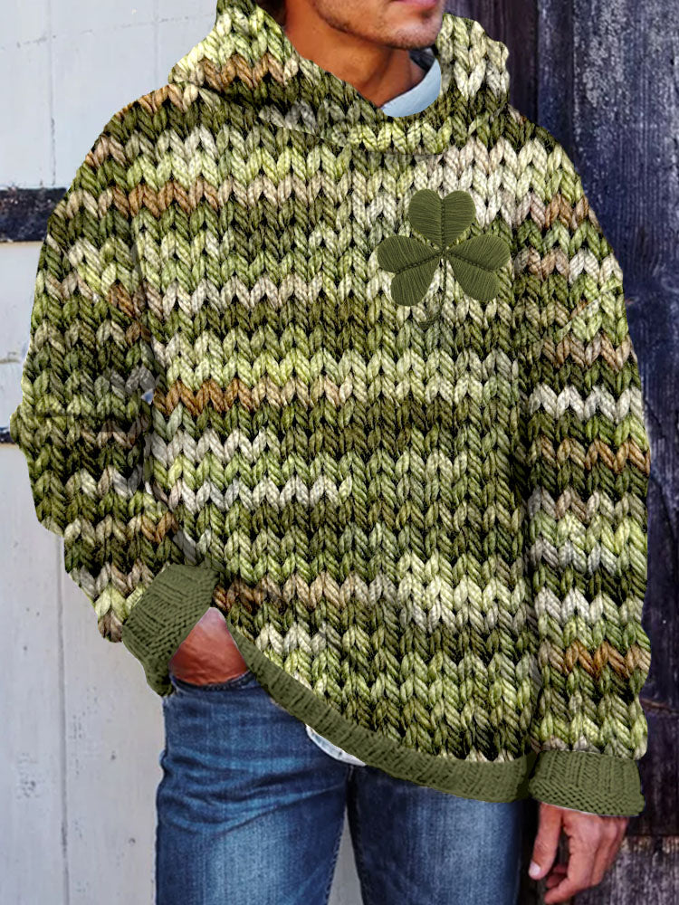 Men's Shamrock Embroidered Retro Chunky Cozy Hooded Sweater elevenforest