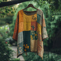 Vintage Color Block Floral Loose Linen Blend T-shirt elevenforest
