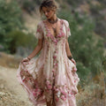 Vintage Pink Roses Fiber Art Flowy Linen Maxi Dress elevenforest