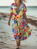 Women's Colorful Floral Art Print Short Sleeve Pocket Cotton Dress