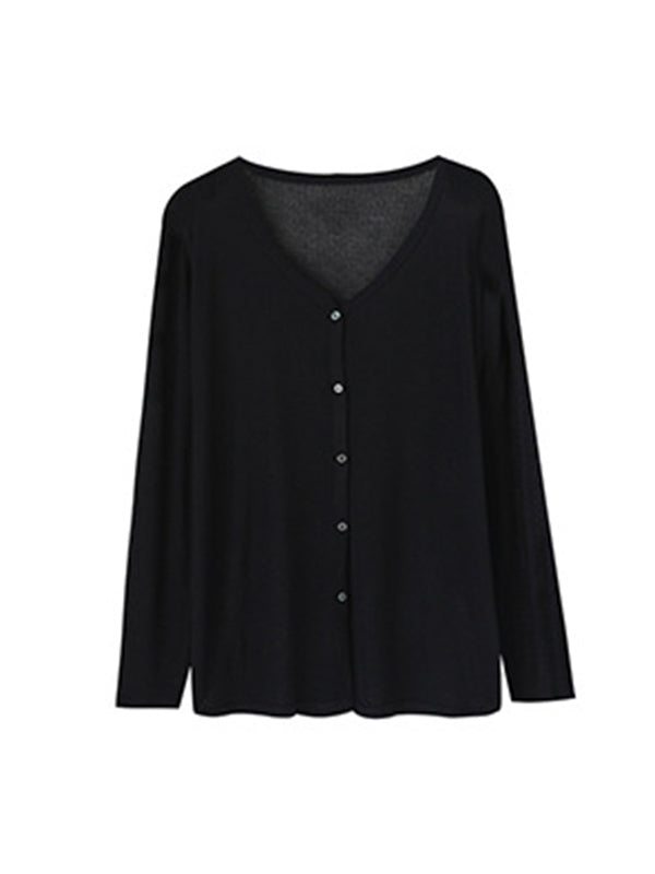 Long Sleeves Loose Buttoned Color Sun Protection V-neck Cardigan Tops