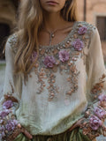Women's Purple Romantic Vintage Round-neck Long-sleeved Shirt elevenforest