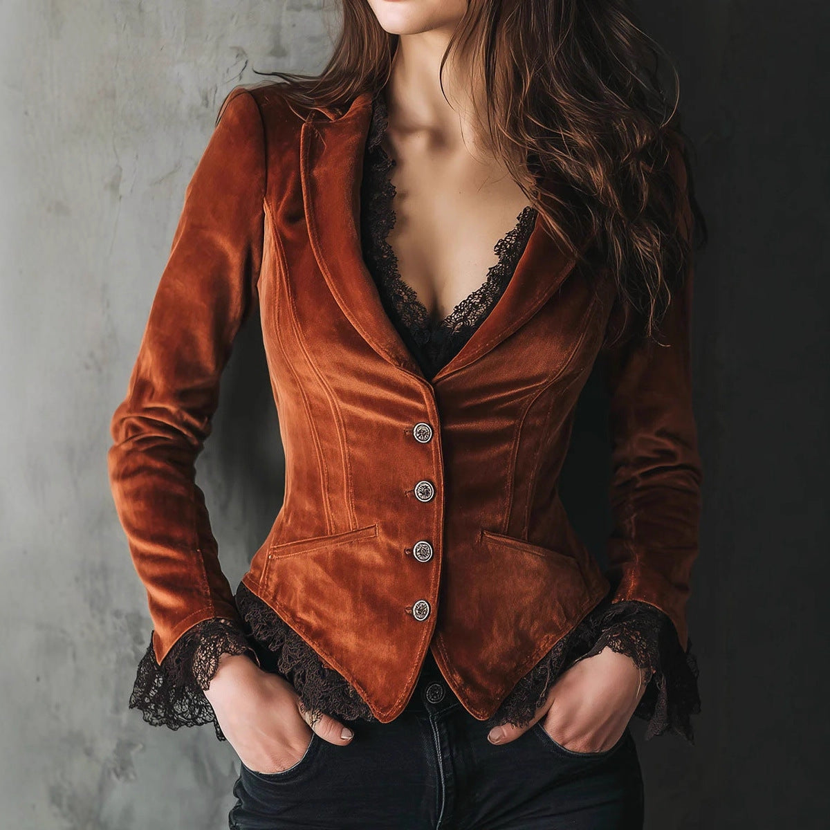 Comstylish Western-style V-neck Fall/winter Velvet Patchwork Lace Jacket
