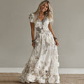 Women's Vintage White Rose Embroidered Art Pattern V-neck Short Sleeve Midi Dress elevenforest