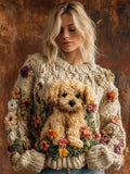 Plush Puppy & Flower Women's Chunky Knit Twist Crew Neck Sweater elevenforest