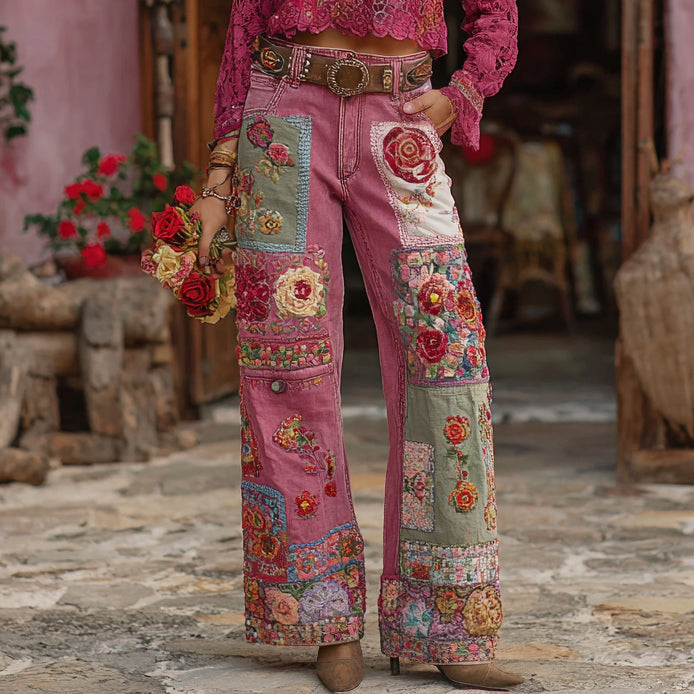 Women's Vintage Rose Floral Embroidery Art Wide Legs Jeans elevenforest