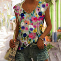 Comstylish Vintage Colorful Floral Art Painting V Neck Sleeveless Top