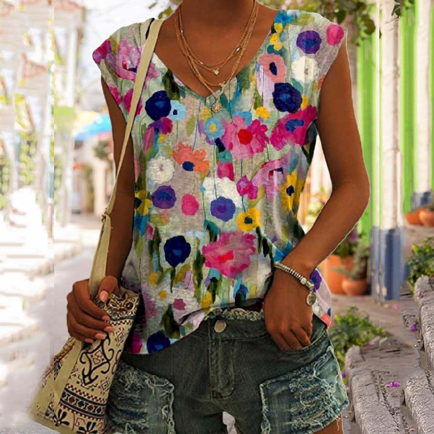 Comstylish Vintage Colorful Floral Art Painting V Neck Sleeveless Top