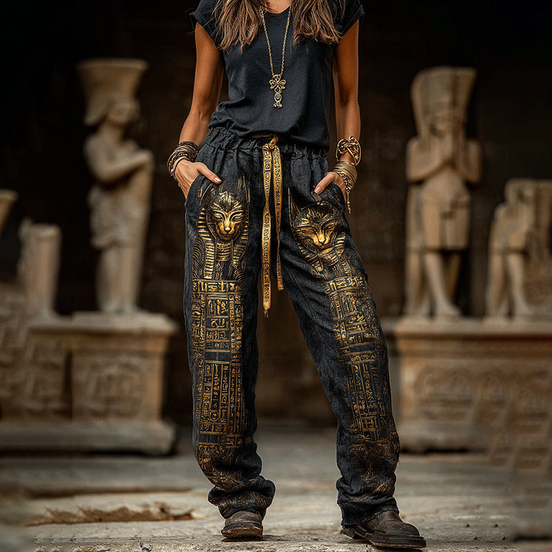 Women's Vintage Ancient Egyptian Cat Art Linen Blend Casual Pants elevenforest