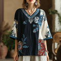 Women's Floral Pattern Color Block Linen V-neck T-shirt elevenforest