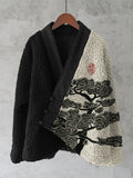 Pine Tree Japanese Lino Art Contrast Cozy Fleece Kimono Cardigan elevenforest