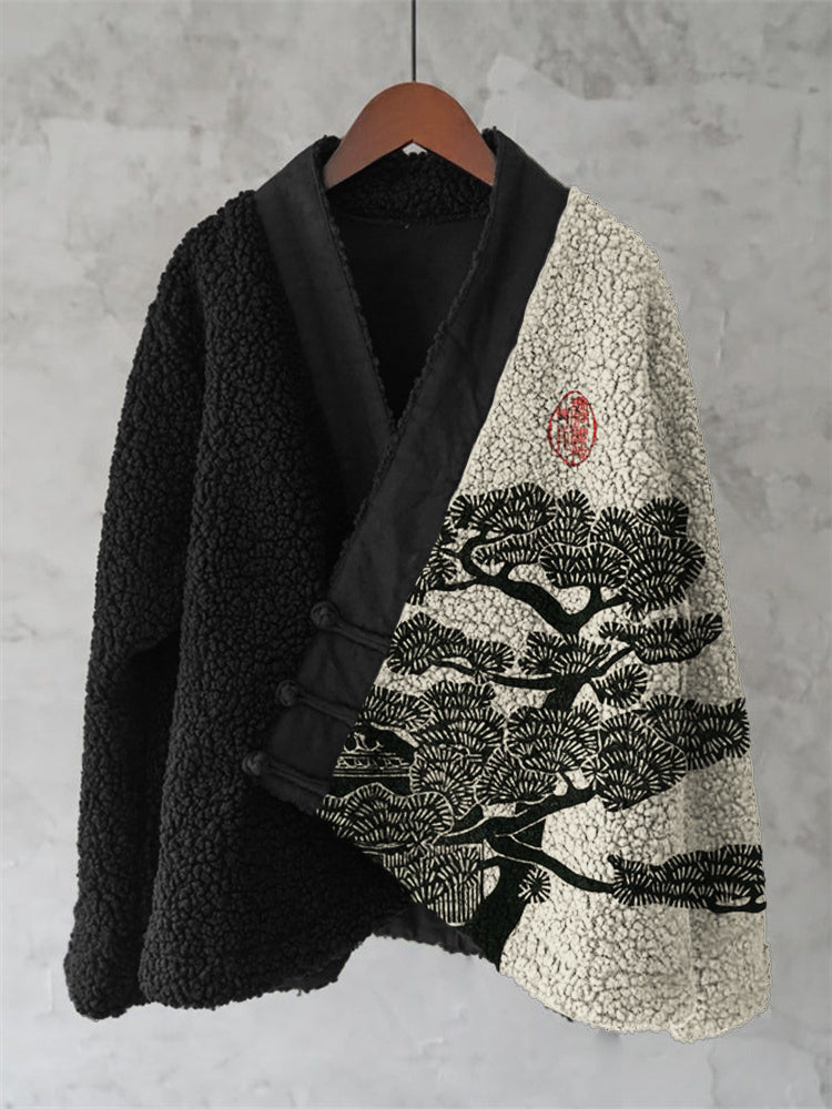 Pine Tree Japanese Lino Art Contrast Cozy Fleece Kimono Cardigan elevenforest
