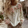 Women's Vintage Pink Rose Embroidery Art Round Neck Long Sleeve Sweatshirt elevenforest